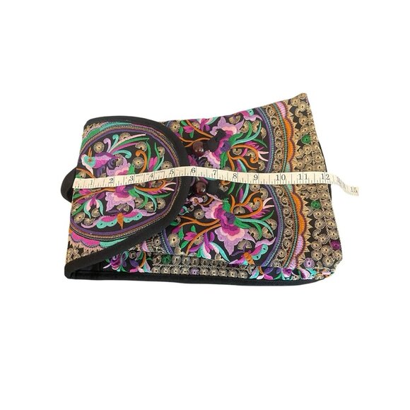 Black Multicolored Floral Embroidered Boho Backpack Small 12x9x4 Canvas - Picture 5 of 7